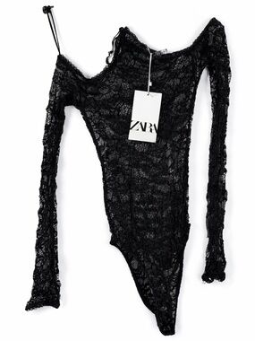 Zara Black Sheer Lace Bodysuit S NWT Off Shoulder Long Sleeve Y2K Going Out